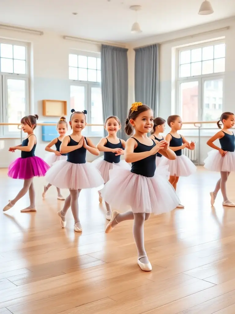 A group of young children in ballet attire practicing pliés in a brightly lit dance studio at Jens Nielsens Danseskole, Herning.