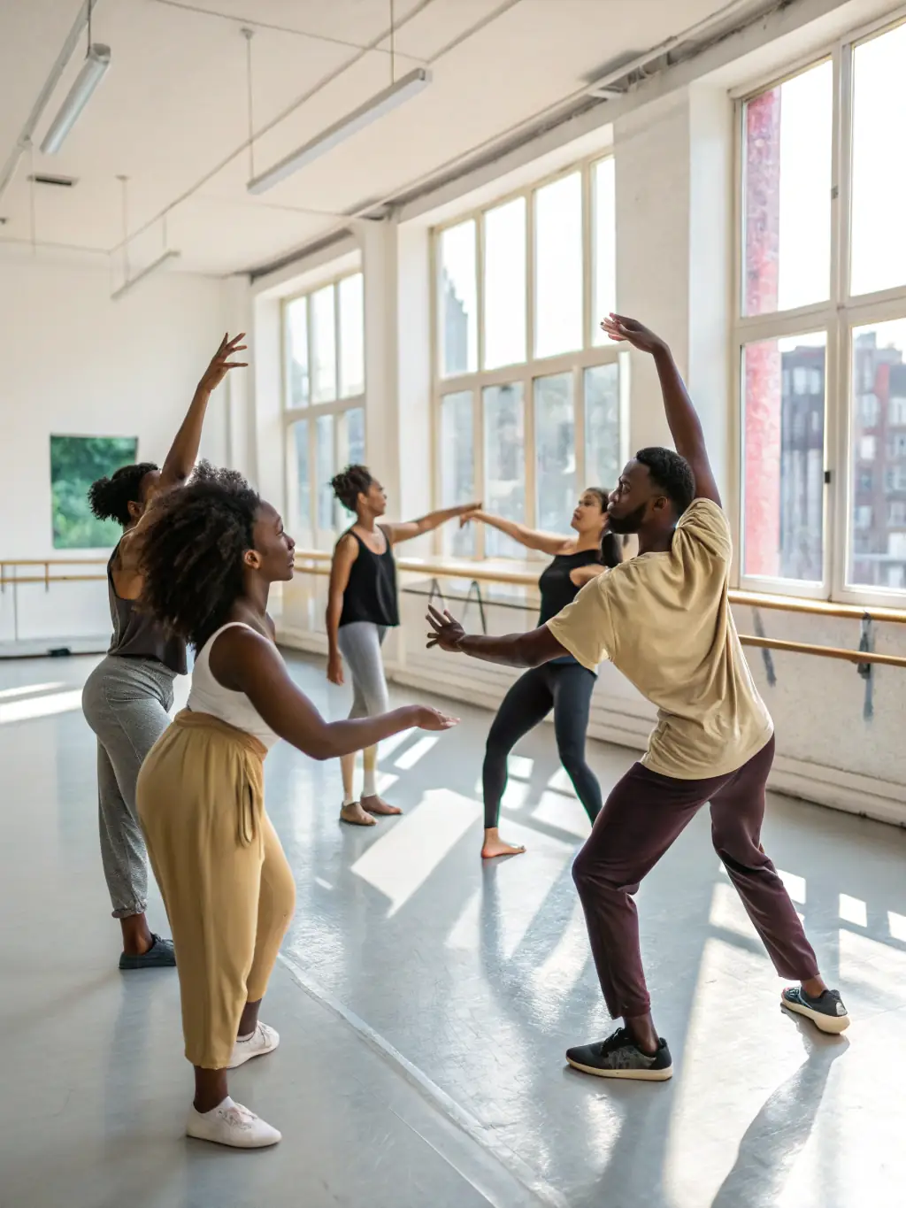 A group of adults in comfortable clothing participating in a contemporary dance class at Jens Nielsens Danseskole, Herning, Denmark, emphasizing the expressive nature of contemporary dance.