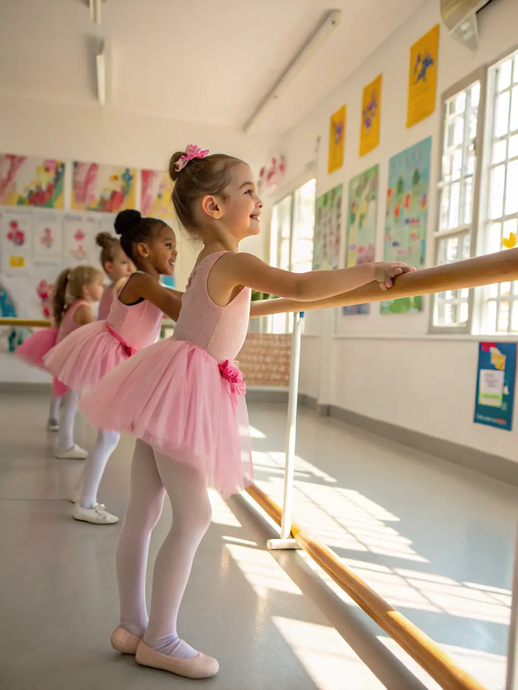 A group of young children in ballet attire practicing pliés in a dance studio at Jens Nielsens Danseskole, Herning, Denmark, showcasing the beginner ballet class.
