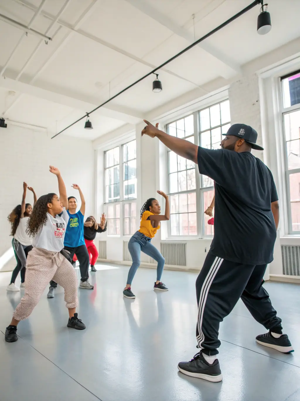 Teenagers practicing a hip-hop routine with energy and enthusiasm in a modern dance studio at Jens Nielsens Danseskole.