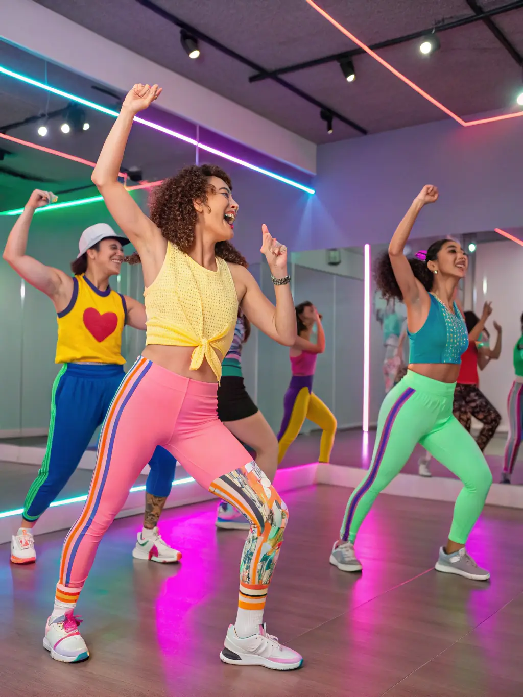 A dynamic image of teenagers performing a hip-hop routine in a dance studio at Jens Nielsens Danseskole, Herning, Denmark, highlighting the energy of the hip-hop class.