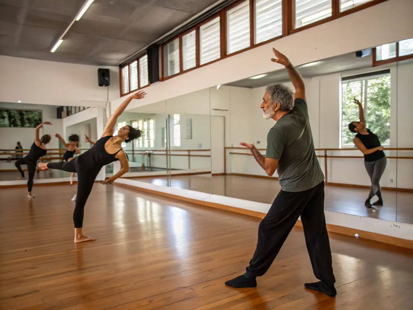Adults learning contemporary dance in a spacious studio, emphasizing fluidity, expression, and connection with the music.