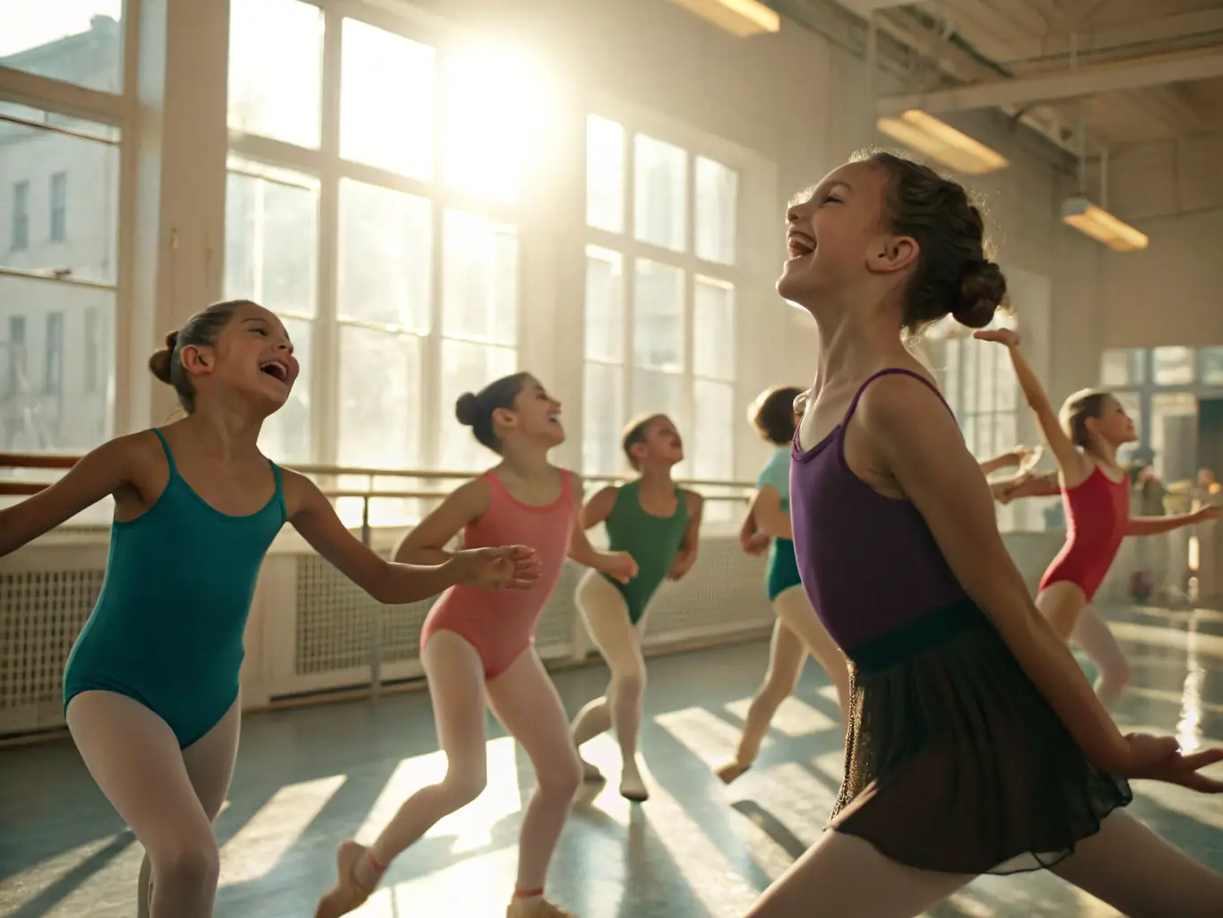 A group of young children in ballet attire practicing a routine in a dance studio, with a focus on their graceful movements and the instructor guiding them.
