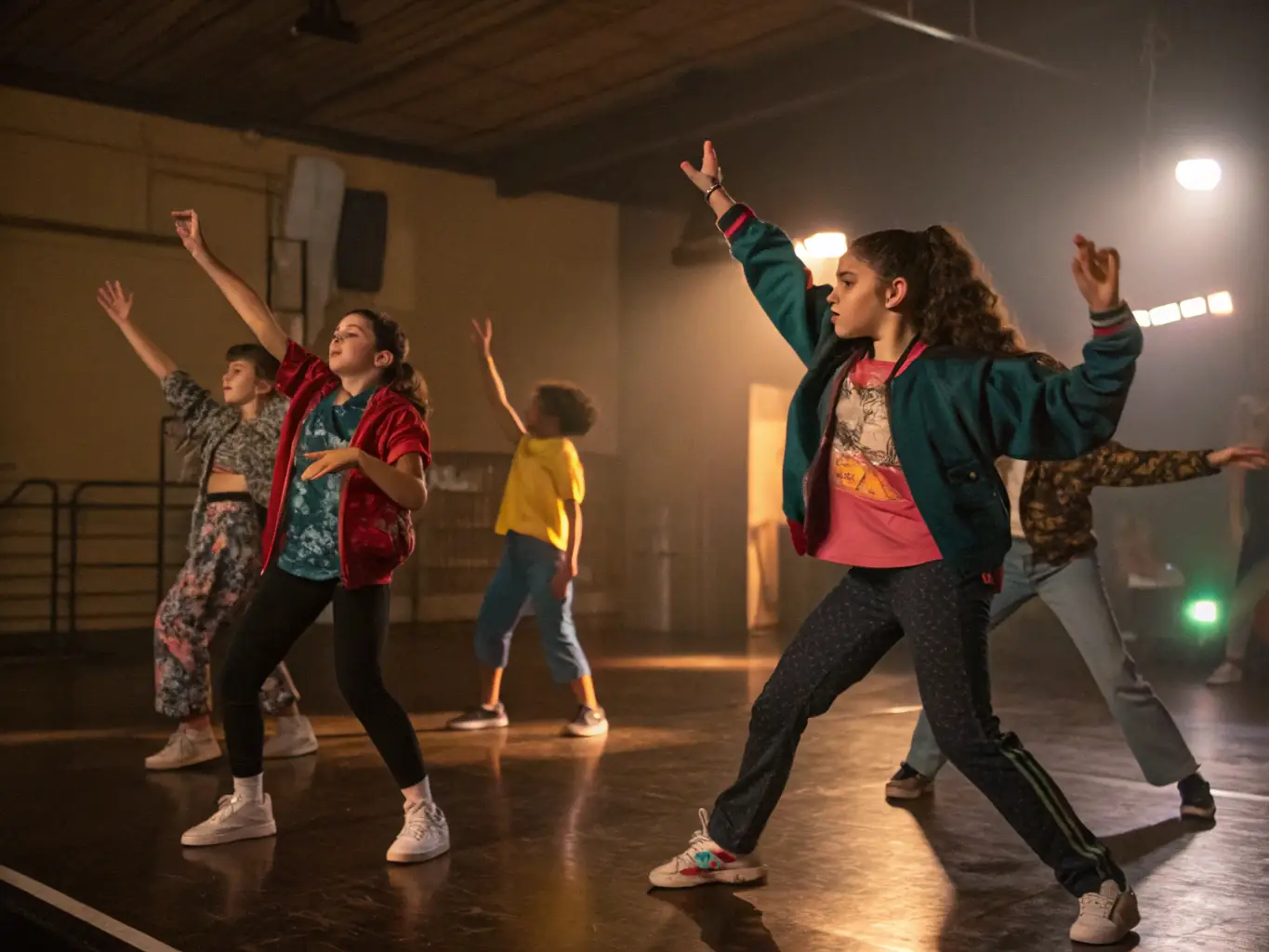 Teenagers practicing a hip-hop dance routine in a modern dance studio, showcasing their energy, coordination, and individual styles.