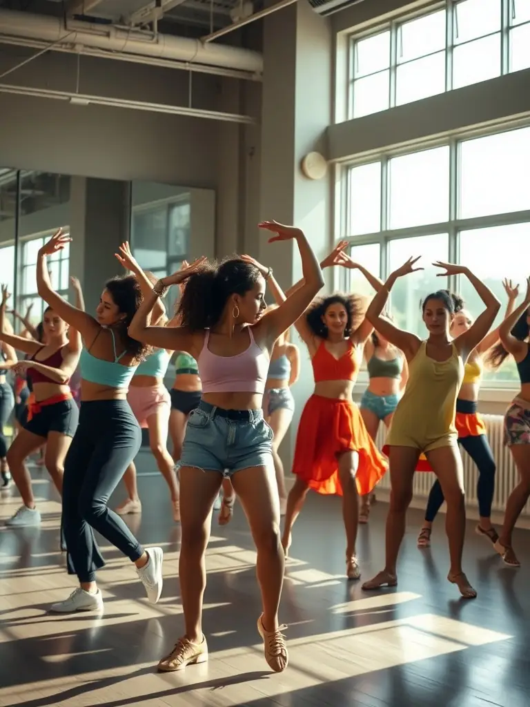 Adults learning contemporary dance, expressing emotion through movement in a spacious studio at Jens Nielsens Danseskole.