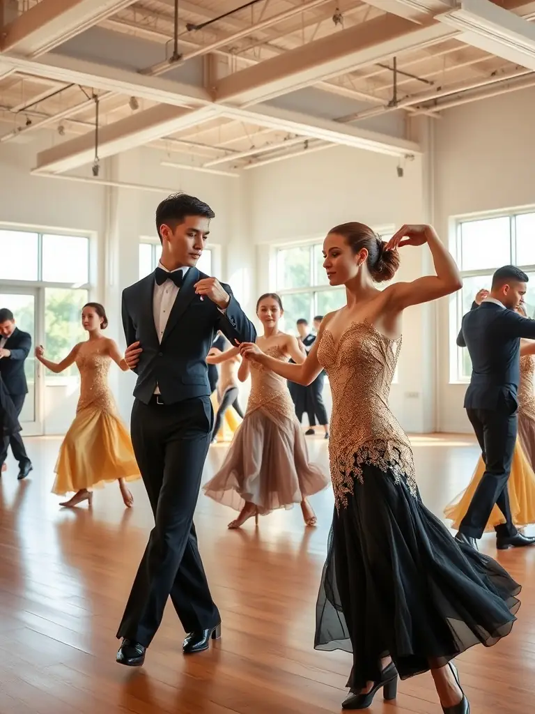 A couple gracefully performing a waltz in a dance studio at Jens Nielsens Danseskole, Herning, Denmark, demonstrating the elegance of ballroom dance.