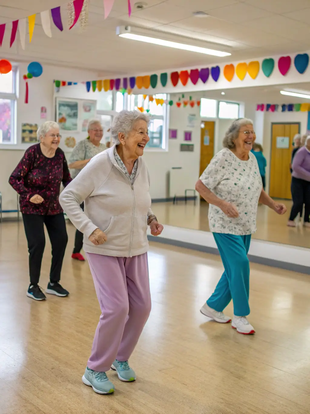 A diverse group of adults participating in a jazz dance class, smiling and enjoying the rhythm at Jens Nielsens Danseskole.